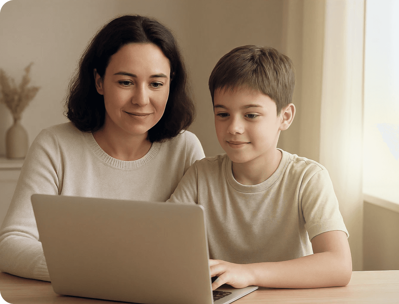 אמא ובן מסתכלים על מחשב נייד יחד